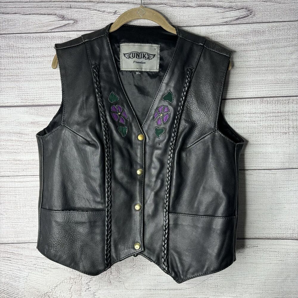 Unik Leather Biker Vest Womans XL Black Braided Snap Closure Adjustable Back